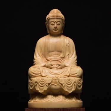 Imagem de FENNYYAR Estátua de Buda de buxo, escultura Shakyamuni sentada, 10 cm, decoração de meditação Zen Home Altar Estátua