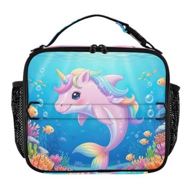 Imagem de Joisal Lancheira fofa de unicórnio golfinho para mulheres, meninas, lancheira com alça de ombro masculina e infantil, lancheira para trabalho e meninos, bolsa térmica