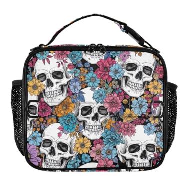 Imagem de Joisal Lancheira floral vibrante com caveiras pretas e brancas para mulheres, meninas, lancheira masculina e infantil, lancheira para trabalho, reutilizável, bolsa térmica para adultos