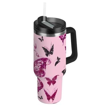 Imagem de Joisal Copos de aço inoxidável com tampas e canudos Rosa Preto Borboletas Brilhantes Copo para Quente e Frio Engraçado 1,134 g Copo com Alça Garrafa de Água Isolada