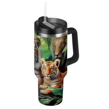 Imagem de Tigre Family Jungle Tumblers com tampas e canudos Copo térmico com alça 850 g garrafas de água isoladas carros de aço inoxidável caneca de café bebida quente