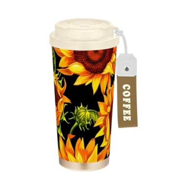 Imagem de TSENQUE Copo de café de 473 ml, copo de café com revestimento cerâmico, tampa e canudo, copo isolado a vácuo de aço inoxidável, girassóis vibrantes pretos