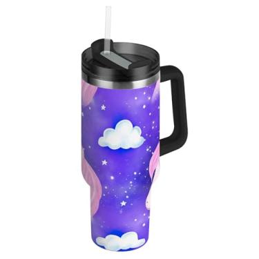 Imagem de Joisal Copos de aço inoxidável com tampa e canudos unicórnio juba rosa nuvem roxa garrafa de água cabe em copo de carro à prova de vazamento bonito copo de 1,134 g com alça garrafas de água isoladas
