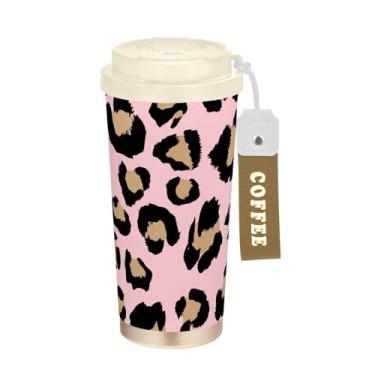 Imagem de TSENQUE Caneca de café de viagem 16+ Oz, copo de café de viagem com revestimento cerâmico com canudo e tampa, copo isolado a vácuo de aço inoxidável, manchas de leopardo preto caramelo rosa