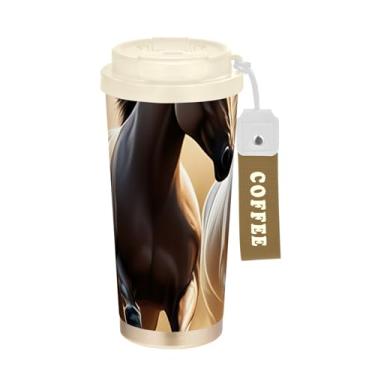 Imagem de TSENQUE Copo de café de viagem 473 ml, copo de café com revestimento cerâmico com canudo e tampa, copo isolado a vácuo de aço inoxidável, cavalos pretos e brancos, arte legal