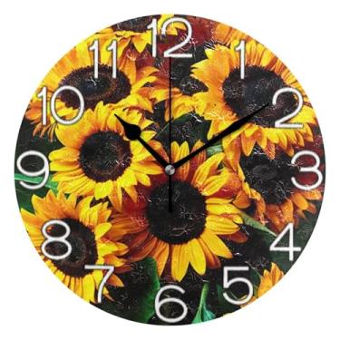 Imagem de Relógio de parede analógico, decorativo, quarto, cozinha, moderno, moderno, arte de parede, decoração de casa, girassóis dourados, flor amarela, 25 cm, ponteiros dourados