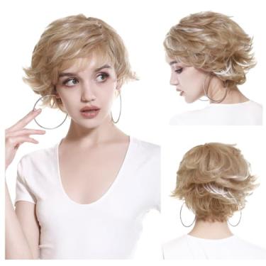 Imagem de Perucas Curtas Curtas Femininas Sintética Corte Pixie Bob Peruca com Franjas Falsas Camadas Desgrenhadas Peruca para Mulheres Loiras Sujas