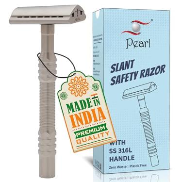 Imagem de PEARL Navalha de segurança de borda dupla premium para homens - aço inoxidável semiinclinado | Revestimento triplo, kit de presente | Barbear eficiente e suave para peles sensíveis de cabelos grossos
