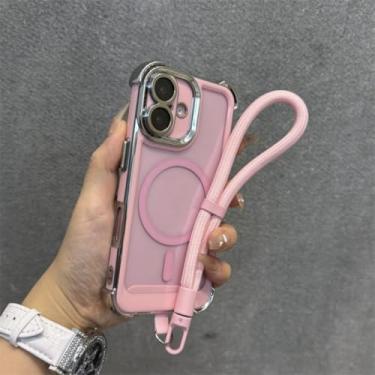 Imagem de Capa com cordão bicolor para iPhone 16 15 14 17 Pro Max Plus Air 12 13 11, alça de pulso com airbag e capa transparente (para iPhone 17 Pro Max/Rosa GS)