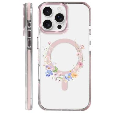 Imagem de casesok Capa para iPhone 16 Pro Max compatível com Magsafe, design estético claro bonito para meninas e mulheres, capa rígida protetora antiqueda para iPhone 16 Pro Max-Pastel Flores Anel Borboleta