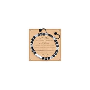 Imagem de Pulseiras masculinas com contas de cruz cristã – Pulseira masculina de ágata preta natural ajustável para confirmação de batismo e páscoa, presente legal de aniversário, dia dos namorados, pais