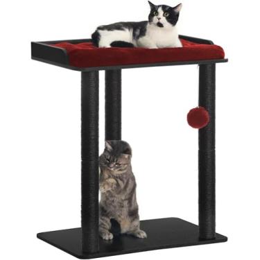 Imagem de FourFurPets Condomínio grande de torre para gatos de 68 cm, arranhadores para gatos internos, placa grande, três postes de arranhar de sisal completos de 59,9 cm, preto e vermelho