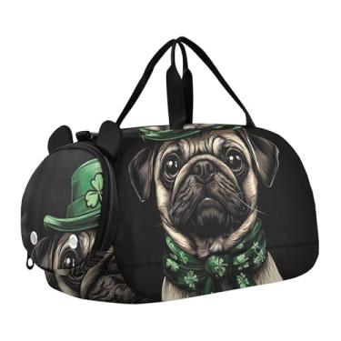 Imagem de St. Patrick's Pug Dog Art Bolsas de viagem para meninas, bolsa de viagem para o fim de semana com compartimento de sapatos, bolsa esportiva para meninos, Arte de cachorro Pug de São Patrício, Clássico