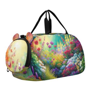 Imagem de Bolsa esportiva escocesa Highland com flores de vaca para meninas, bolsa de viagem noturna, compartimento de sapatos para meninos, Flores coloridas de jardim vibrantes, Clássico
