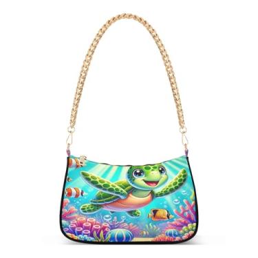 Imagem de Bolsa de ombro colorida com corrente coral de tartaruga marinha, bolsa feminina fofa média, bolsa clutch para uso diário e festa
