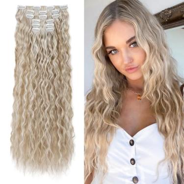 Imagem de Peruca de cabelo com clipe, 61 cm, 6 peças, extensões de cabelo sintéticas longas com clipe para mulheres (loiro com destaques loiros brancos