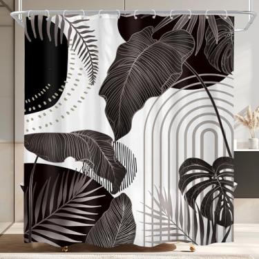 Imagem de Cinbloo Cortina de chuveiro preta Boho 60Wx72H Meados do Século Tropical Monstera cinza esmeralda planta folha de palmeira simples verão moderno abstrato conjunto de cortina de banheiro minimalista