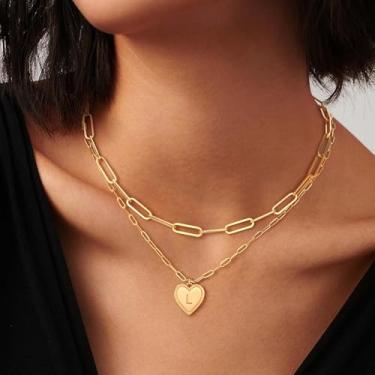 Imagem de Colares femininos com inicial de ouro em camadas, banhado a ouro 18K, com pingente de coração com inicial A-Z, monograma, alfabeto, 26, para mulheres, joias e presentes, Medium, Latão, Sem Pedra