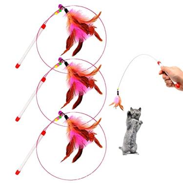 Imagem de Cat Feather Wand Toy - 3 Pack Steel Wire Feather Interactive Cat Stick Training - Beads Bells Kitten Wand Toys Pet Teaser