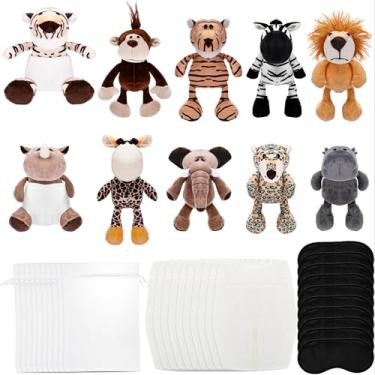 Imagem de 10 conjuntos de jogos de chá de bebê para troca de fraldas de animais de safári vendados incluem 10 fraldas de pelúcia safari, 10 máscaras de olhos vendadas, 10 sacos de presente para adultos, prêmios