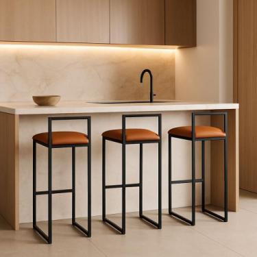 Imagem de Kit 3 Banquetas material sintético Ferro Cozinha Balcão Alta Bistro Co
