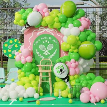 Imagem de 155 peças de decorações de festa de tênis, kit de arco de guirlanda de balão verde e rosa com balões de alumínio de tênis e raquete para bola de tênis com tema esportivo, chá de bebê, artigos de festa