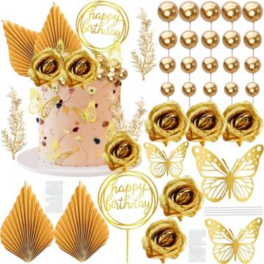 Imagem de Gyufise Decorações de topo de bolo de feliz aniversário, borboleta, folhas de flores artificiais, bolas de espuma, palitos de bolo para festa de aniversário de casamento, festa do dia dos namorados