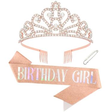 Imagem de Semato Kit de faixa e coroa de aniversário para mulheres e meninas, tiara de ouro rosa, suprimentos de festa de princesas e lembrancinhas