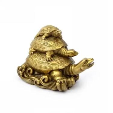 Imagem de FENNYYAR Estátua de três gerações de tartaruga de cobre puro, 12 cm, sala de estar, mesa, decoração de escritório