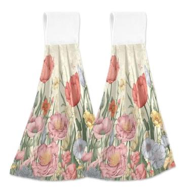 Imagem de xigua Conjunto de 2 toalhas de cozinha coloridas de flores silvestres, toalhas de cozinha macias e absorventes rápidas com laço para pendurar e adesivos mágicos, toalhas de mão de pano para pendurar