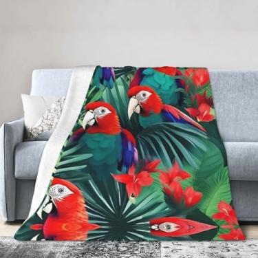 Imagem de Cobertor grande ultra macio com estampa de papagaio de flores tropicais, perfeito para cama, sofá e viagens, manta de flanela aconchegante e quente