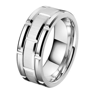 Imagem de FATACI Anel de noivado masculino de aço inoxidável de titânio escovado minimalista, prata/preto 8 mm de largura ajuste confortável tamanho 8-11, Sem pedra preciosa