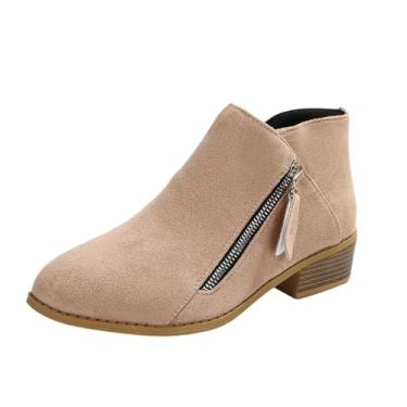 Imagem de Botas femininas de camurça, salto baixo, com zíper lateral, salto grosso, moda casual, estilo legal, Caqui, 34