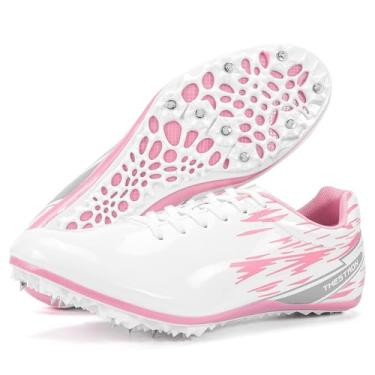 Imagem de Ifrich Tênis de corrida masculino feminino Track Spikes Track & Fields Tênis de corrida infantil para meninos e meninas, Branco, rosa, 37