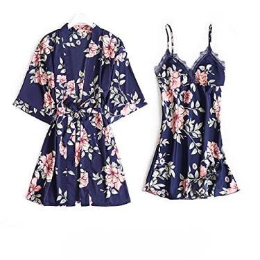 Imagem de HHHJQFAAT Pijama feminino 3 peças floral acabamento em renda cetim conjunto de pijama com roupão decote em V vestido de dormir G azul marinho B (azul marinho)
