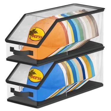 Imagem de AOODA 2 peças de armazenamento de chapéus empilháveis para bonés de beisebol, organizador de chapéus transparente para armário comporta até 24 bonés, caixa de chapéu masculina com papelão (preto)