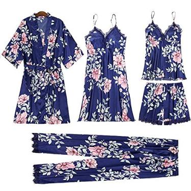 Imagem de HHHJQFAAT Conjunto de pijama feminino pijama feminino roupa de dormir feminina pijama de cetim camisola 5 peças roupão roupão camisola XXL azul marinho-B (azul marinho c)