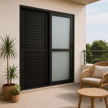 Imagem de Porta Balcão 3 Folhas 210x160 Alumínio Preto Linha 25 Com Fechadura - 