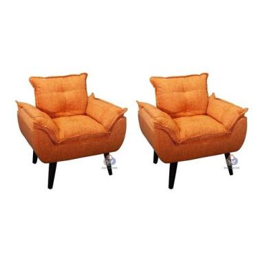 Imagem de Kit 02 Poltrona/Cadeira Decorativa Glamour Laranja Linho Com Pés Quadr