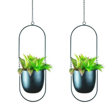 Imagem de HemePaha Vaso suspenso oval de metal, conjunto de 2 cabides geométricos pretos com vasos de flores de 15 cm em formato oval, suportes modernos de parede e teto para plantas internas e externas