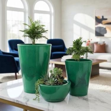 Imagem de Kit Jogo 3 Vasos Marmorizados Cone e Bacia Polietileno Planta Flor Jardim Varanda Moderno Elegante (Verde)