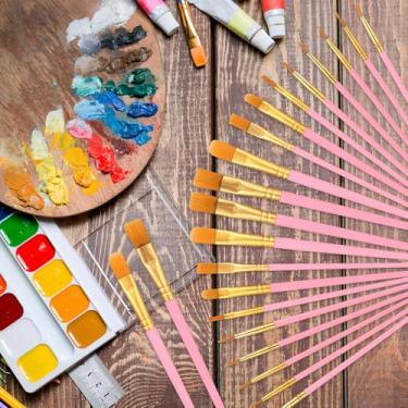 Imagem de Conjunto de 20 pincéis artísticos para pintura a óleo acrílica, aquarela, detalhes finos, rosto, unhas, arte corporal, miniatura, detalhamento, pintura rupestre (rosa)