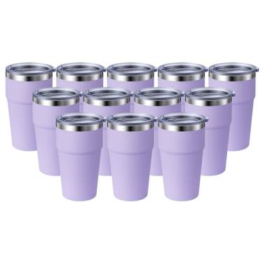 Imagem de MEWAY Caneca de viagem isolada a vácuo de parede dupla de 473 ml, copos de aço inoxidável com tampa, copos de café revestidos em pó para bebidas frias e quentes (lavanda, pacote com 12)