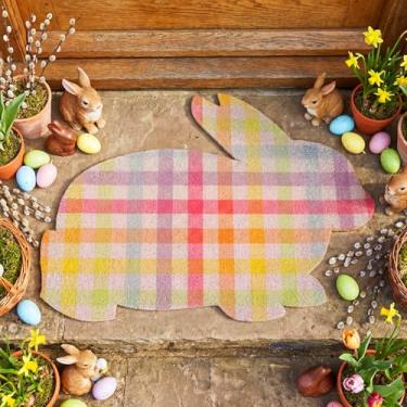 Imagem de Dunzy 64 x 53 cm Tapete de Páscoa Coir Coelho Xadrez Buffalo Tapete de Porta de Boas-Vindas Tapete de Entrada Antiderrapante Primavera Verão Decoração de Casa de Fazenda para Exterior Varanda Entrada