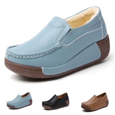 Imagem de Mocassim feminino plataforma sem cadarço moderno, leve, confortável, respirável, bico redondo, plataforma baixa, Forro de pelúcia azul, 35