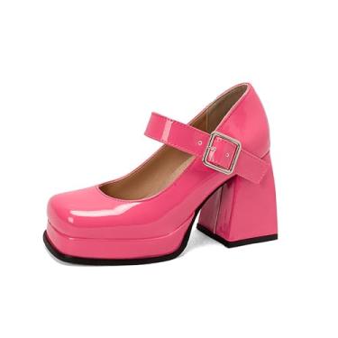Imagem de EGEBS Sapato feminino Mary Janes plataforma de couro envernizado com alça de fivela ajustável moderno confortável bico quadrado salto alto grosso uniforme Lolita sapatos elegantes para festas