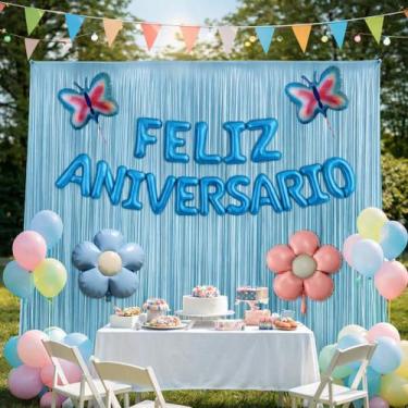 Imagem de Kit Decoração Feliz Aniversário c/ 3 Cortinas metalizadas 1x2m e 4 Bal
