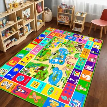 Imagem de Mfmiudole Tapete infantil para sala de jogos, tapete educativo macio e antiderrapante com ABC, animais de zoológico, números, tapete de brincar para crianças, tapetes de sala de aula pré-escolar