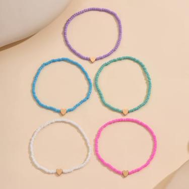 Imagem de Tornozeleira com contas multicoloridas com pingente de coração – Conjunto de 5 joias de pé boêmias da moda para o verão e a praia