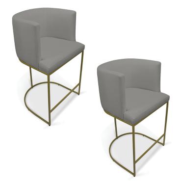 Imagem de Kit 2 Banquetas Paola Linho Grafite A26 Base Metálica Dourada - D'Rossi